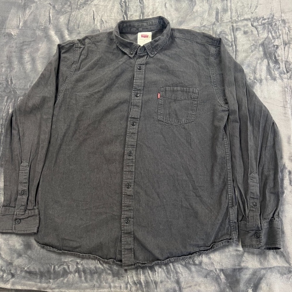 Levis Shirt Mens Extra Large Gray Cotton Logo Back Box Shirttail Hem Button Down